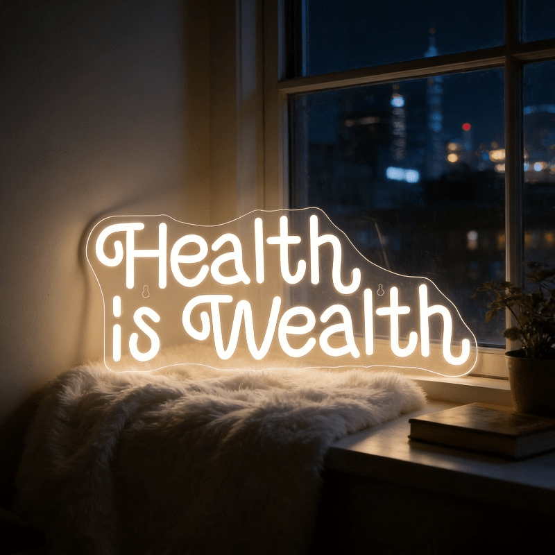 Health Wellness Lifestyle - Letreiro Neon LED 'Saúde é Riqueza'